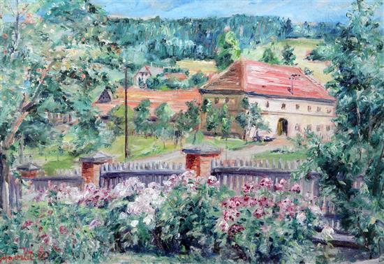 Svatopluk Havrlik (b.1908) Village scene, 17 x 24.5in.